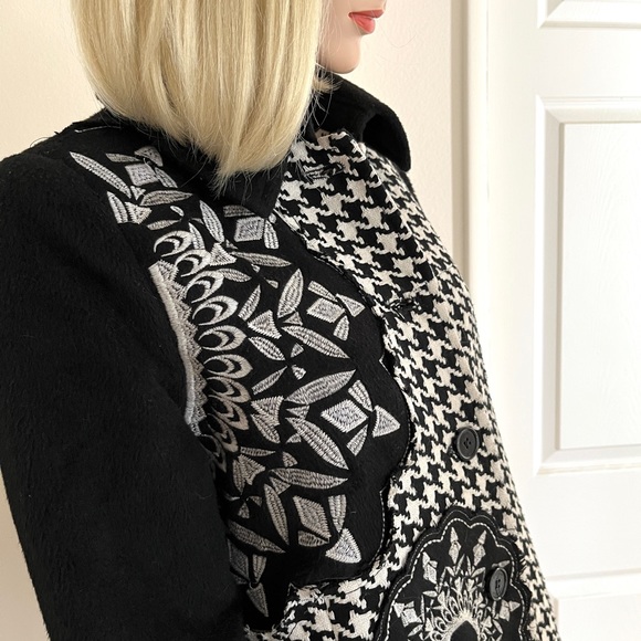 Desigual of Spain Herringbone Coat Jacket Black White Red Quilted Lined 42 Euro - Picture 8 of 16